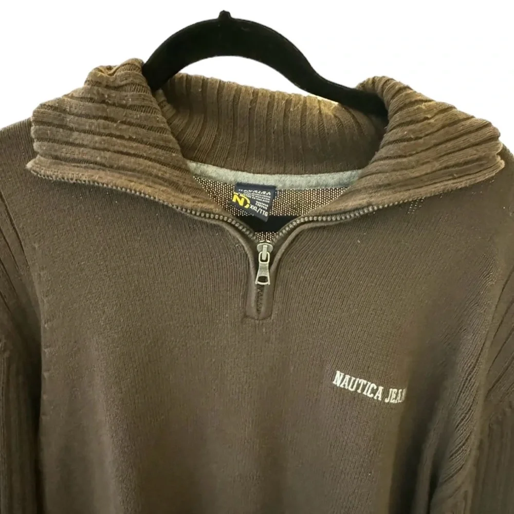 Nautica Jeans Co Brown 1/4 Zip Sweater Cotton XXL Logo Men‎ Ribbed VTG